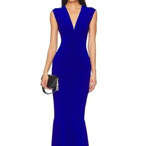 Norma Kamali Royal Blue Ruched V-Neck Maxi Dress